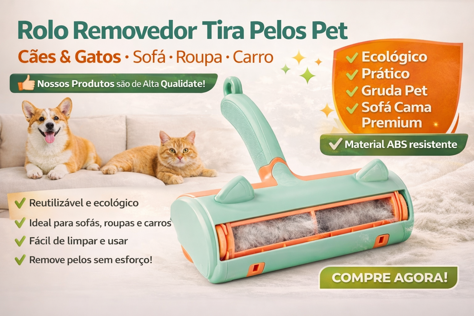 Rolo Removedor Tira Pelos Pet Cães & Gatos Sofá Roupa Carro Ecológico Pratico Gruda Pet Sofá Cama Premium